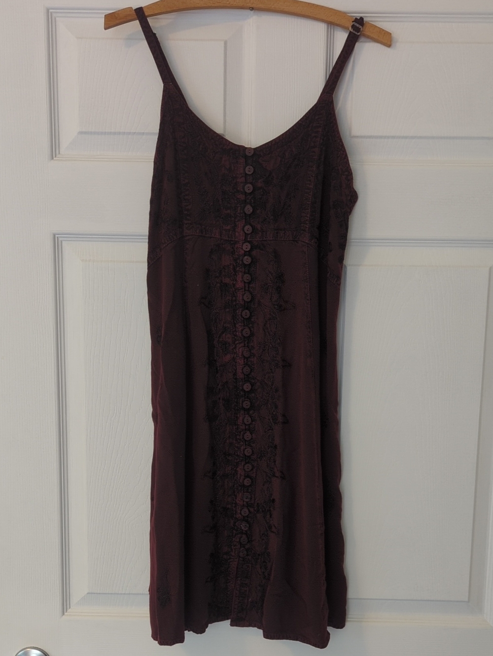 Embroidered Button-Front Boho Dress in Deep Burgundy One Size Fits Most Women
